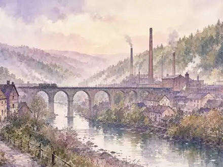 Vossloh AG (DE0007667107) als Aquarell-Industriekulisse mit Werdohler Bahnviadukt und Fluss in weichen Pastelltönen - Foto: THN