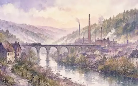 Vossloh AG (DE0007667107) als Aquarell-Industriekulisse mit Werdohler Bahnviadukt und Fluss in weichen Pastelltönen - Foto: THN