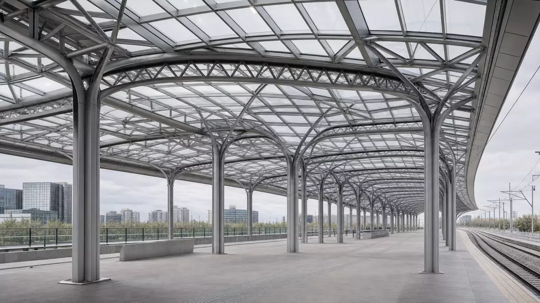 Moderner Bahnsteig-Überbau mit Stahlgitterträgern und Glasdach in kühlen Grautönen
