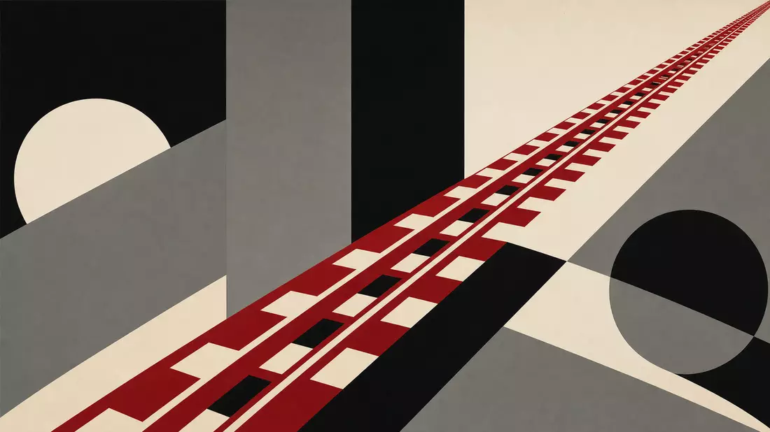 Bauhaus-Poster mit diagonalen roten Schienen-Linien auf schwarzem und grauem Hintergrund