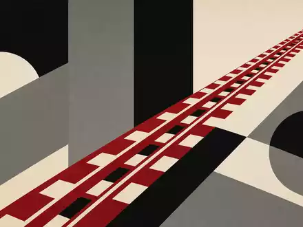 Vossloh AG (DE0007667107) als Bauhaus-Grafik mit diagonalen Schienensträngen in Rot Schwarz Grau - Foto: THN