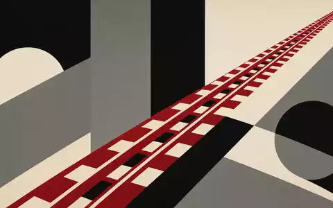 Vossloh AG (DE0007667107) als Bauhaus-Grafik mit diagonalen Schienensträngen in Rot Schwarz Grau - Foto: THN