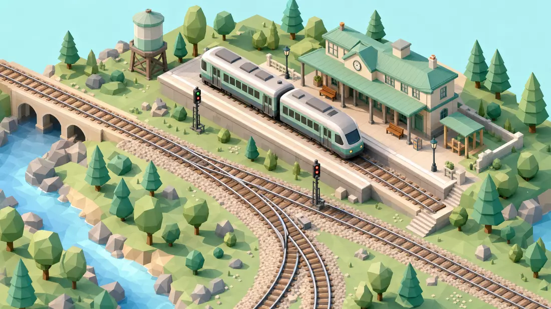 Isometrisches Low-Poly-3D-Diorama eines Bahnhofs mit Weiche, Bahnsteig und Regionalzug