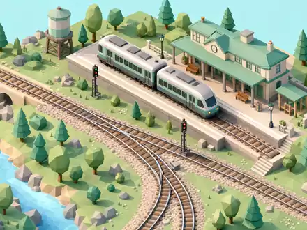 Vossloh AG (DE0007667107) als isometrisches Low-Poly-Diorama mit Bahnhof Weiche Bahnsteig und Zug - Foto: THN
