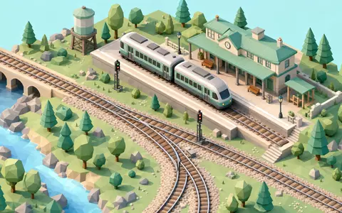 Vossloh AG (DE0007667107) als isometrisches Low-Poly-Diorama mit Bahnhof Weiche Bahnsteig und Zug - Foto: THN