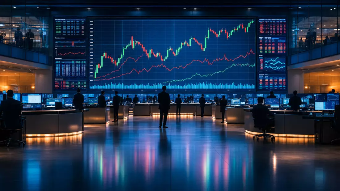 Börsenparkett mit großem Kurstafel-Display und Industrie-Index-Charts im Blauen Licht