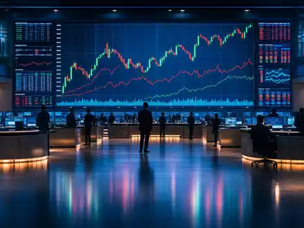 Vossloh AG (DE0007667107) im Börsen-Editorial: SDAX-Industrie-Index-Charts leuchten auf einem groĂen Handelsraum-Display in blauem Licht - Foto: THN