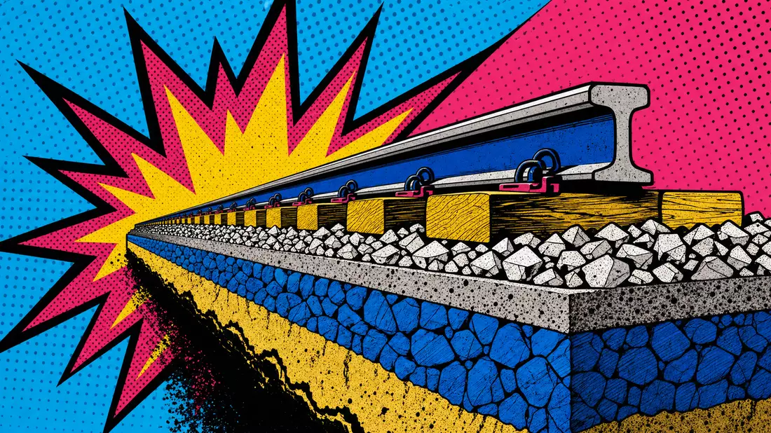 Pop-Art-Comic-Illustration von Bahnschwelle und Schiene in Cyan Magenta Gelb und Schwarz