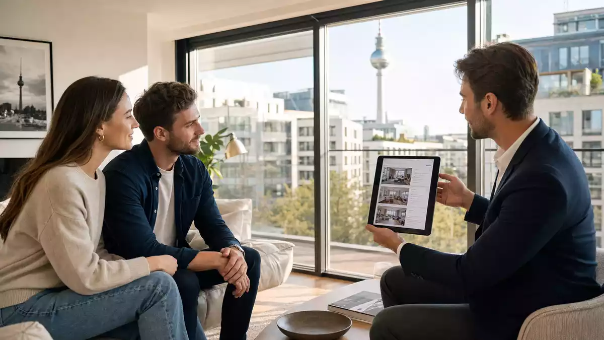 Paar besichtigt moderne Berliner Wohnung mit Immobilienmakler und Tablet-Anzeige