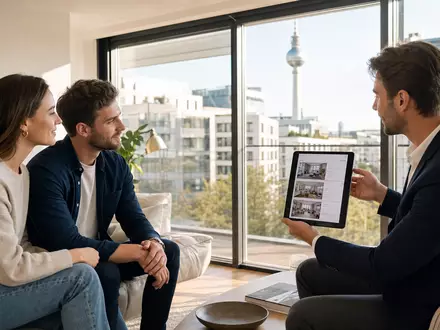 Scout24 SE (DE000A12DM80) verbindet Wohnungssuchende und Anbieter digital, wie diese realistische Berliner Besichtigungsszene zeigt - Foto: THN
