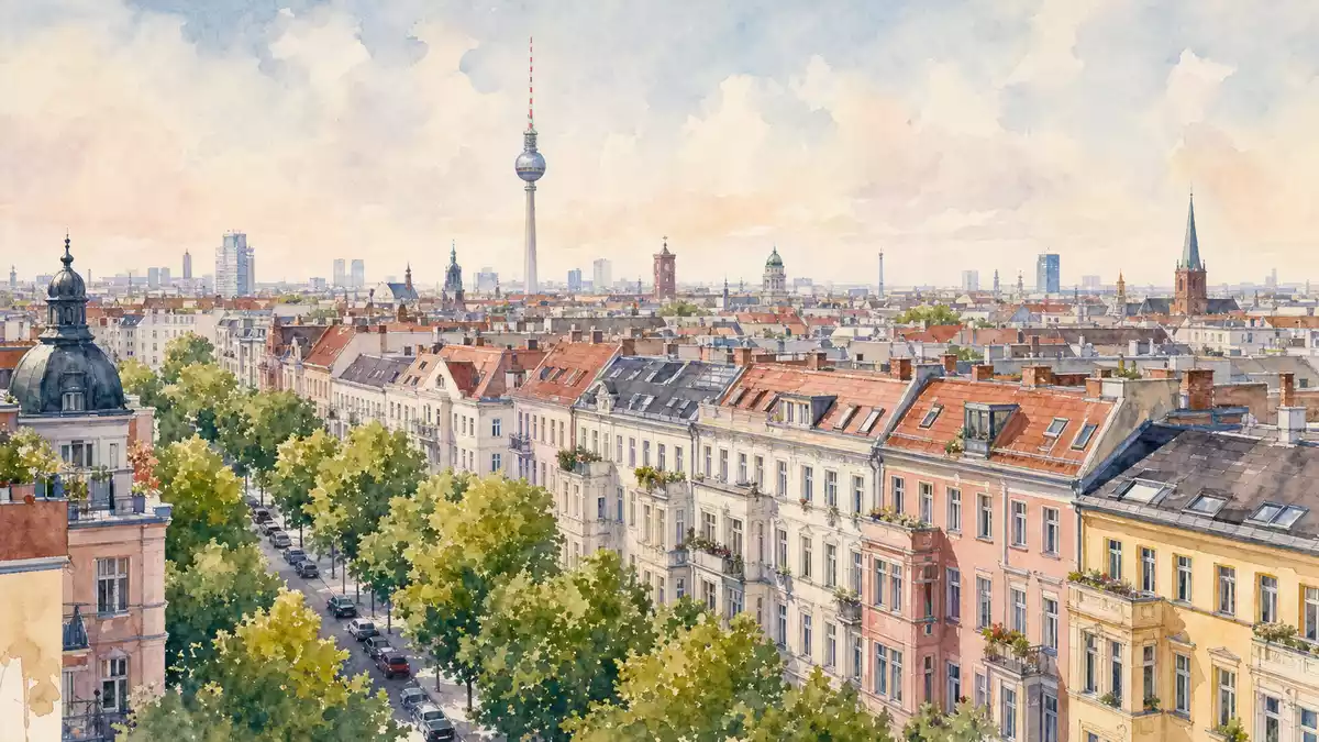 Aquarellmalerei der Berliner Altbau-Dächer mit Fernsehturm im Hintergrund