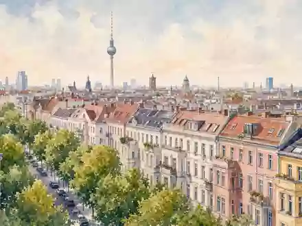 Das Aquarellbild zeigt Berlin, den Heimatmarkt von Scout24 SE (DE000A12DM80), in warmen und einladenden Farbtönen - Foto: THN