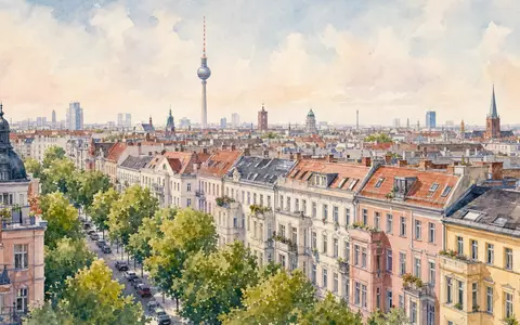 Das Aquarellbild zeigt Berlin, den Heimatmarkt von Scout24 SE (DE000A12DM80), in warmen und einladenden Farbtönen - Foto: THN