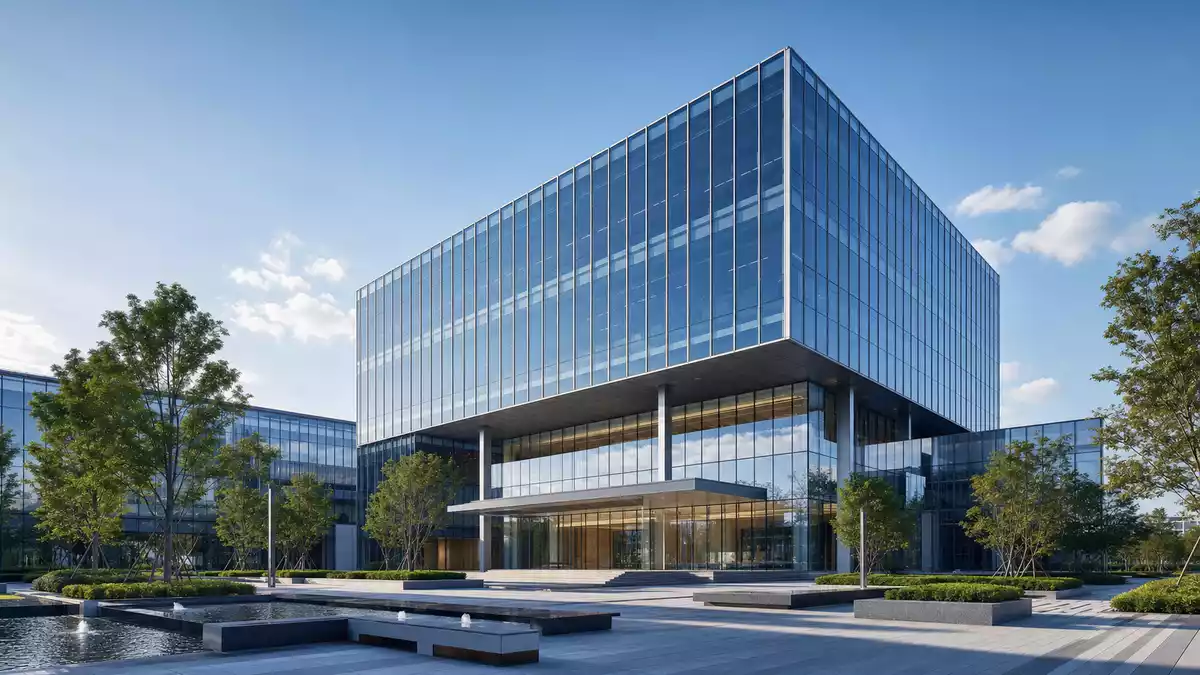 Architektur-Render eines modernen Glas-Bürogebäudes mit Wasserbecken im Vordergrund