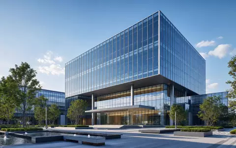 Dieses Architektur-Render eines gläsernen Bürogebäudes steht sinnbildlich für die digitale Ausrichtung von Scout24 SE (DE000A12DM80) - Foto: THN