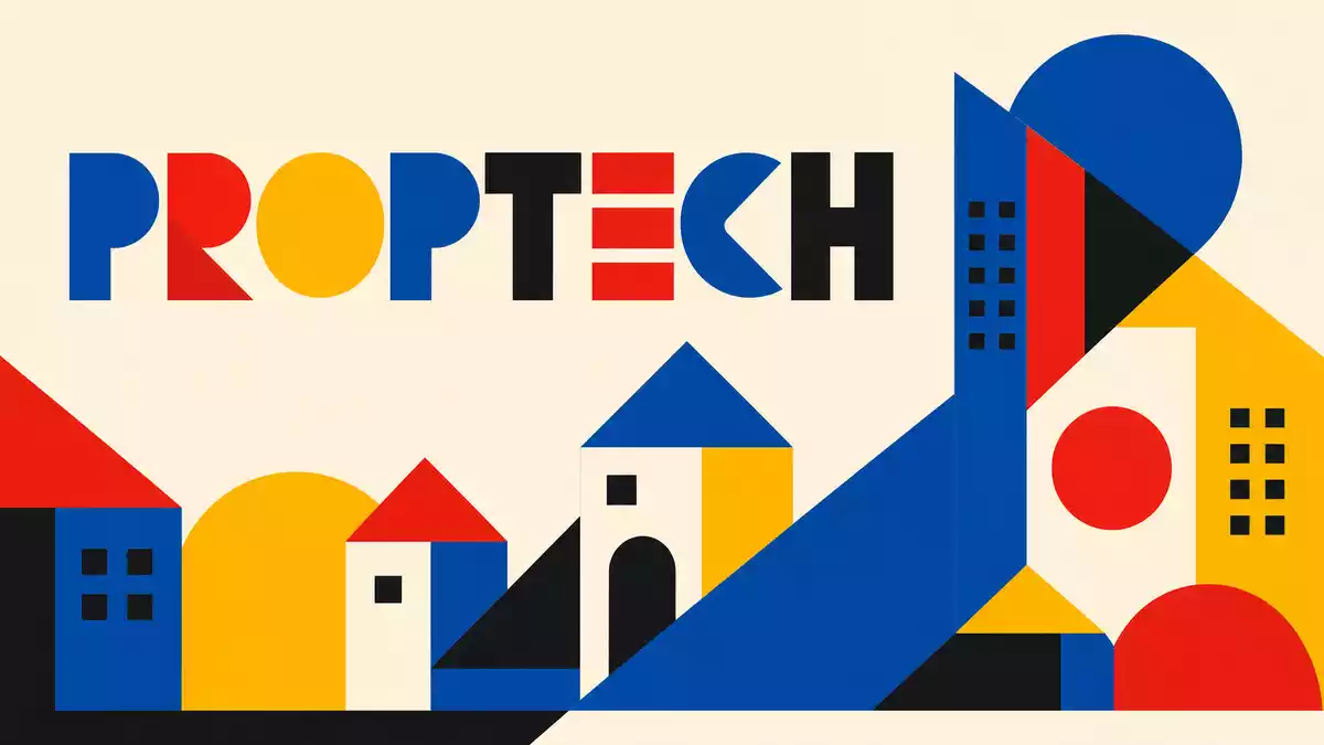 Geometrisches Bauhaus-Poster mit Häusersilhouetten und dem Schriftzug PROPTECH