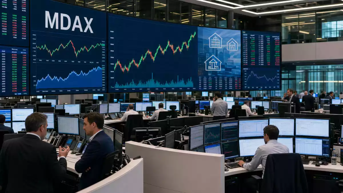 Trading-Floor mit MDAX-Kurscharts und Immobilien-Icons auf großen Bildschirmen