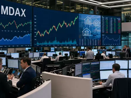 Die Handelssaal-Szene mit MDAX-Charts zeigt die Börsennotierung von Scout24 SE (DE000A12DM80) an der Frankfurter Xetra-Börse - Foto: THN