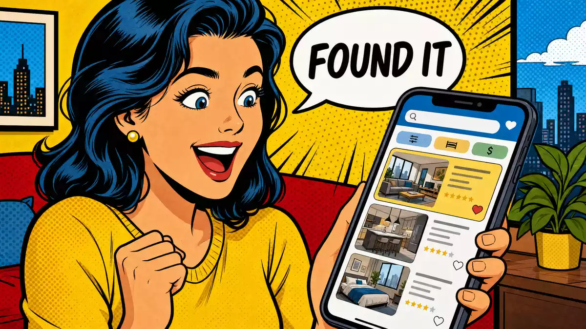 Pop-Art-Comic einer Frau mit Smartphone-App und Sprechblase FOUND IT