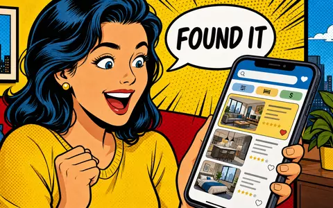 Die farbenfrohe Comic-Szene mit Wohnungssuche-App symbolisiert humorvoll den digitalen Erfolg von Scout24 SE (DE000A12DM80) - Foto: THN