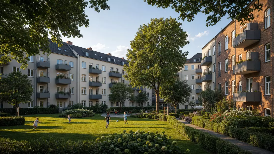 Sanierte Mehrfamilienhäuser mit grünem Innenhof und Balkonen am Nachmittag.