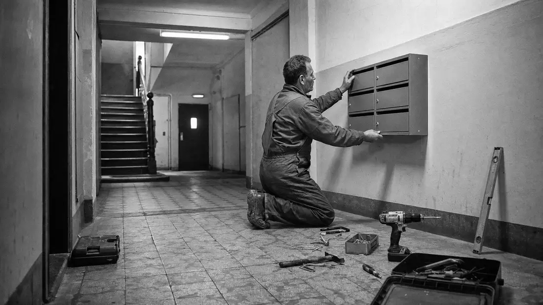 Hausmeister montiert Briefkastenanlage im Treppenhaus, Schwarzweißfoto