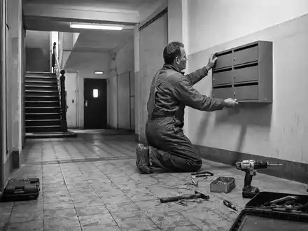 Vonovia SE DE000A1ML7J1 – Hausmeister tauscht Briefkasten im Hausflur eines Wohngebäudes, dokumentarische Schwarzweiß-Fotografie - Foto: THN