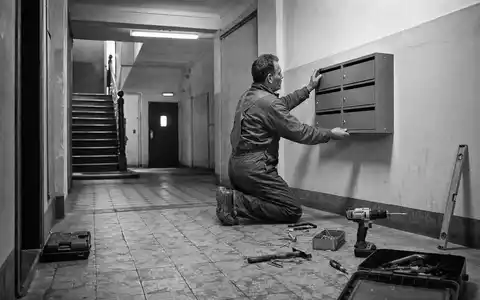 Vonovia SE DE000A1ML7J1 – Hausmeister tauscht Briefkasten im Hausflur eines Wohngebäudes, dokumentarische Schwarzweiß-Fotografie - Foto: THN