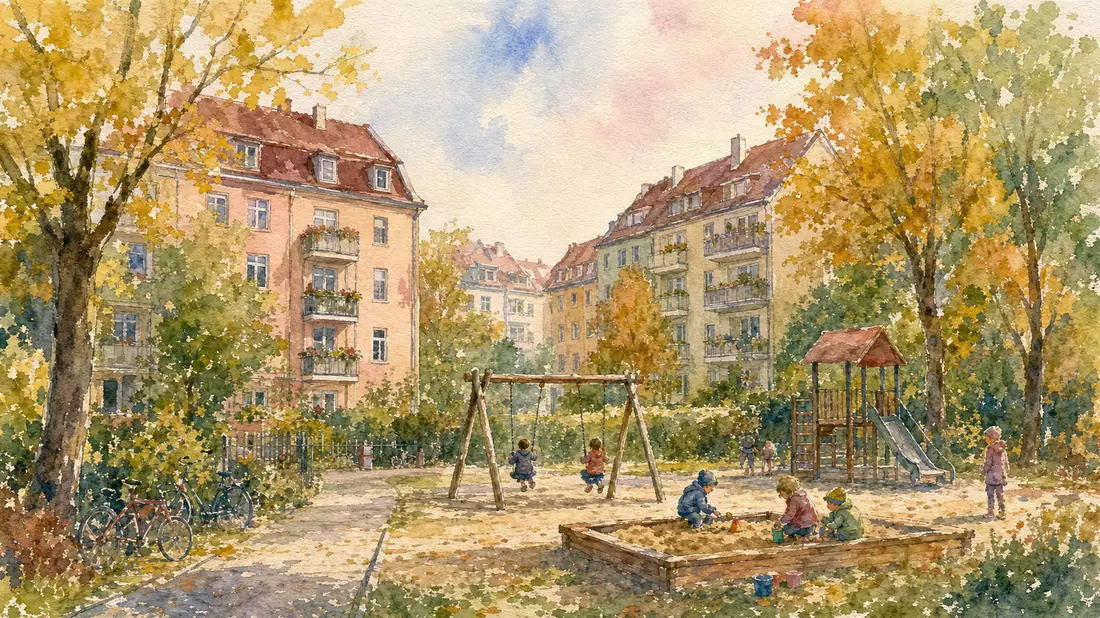 Aquarell: Wohnsiedlung mit Spielplatz und herbstlichen Bäumen in Pastelltönen.