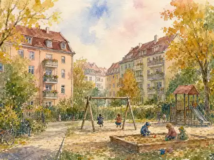 Vonovia SE DE000A1ML7J1 – Aquarell einer Wohnsiedlung mit Spielplatz in weichen Pastelltönen - Foto: THN