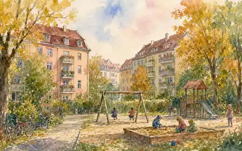 Vonovia SE DE000A1ML7J1 – Aquarell einer Wohnsiedlung mit Spielplatz in weichen Pastelltönen - Foto: THN