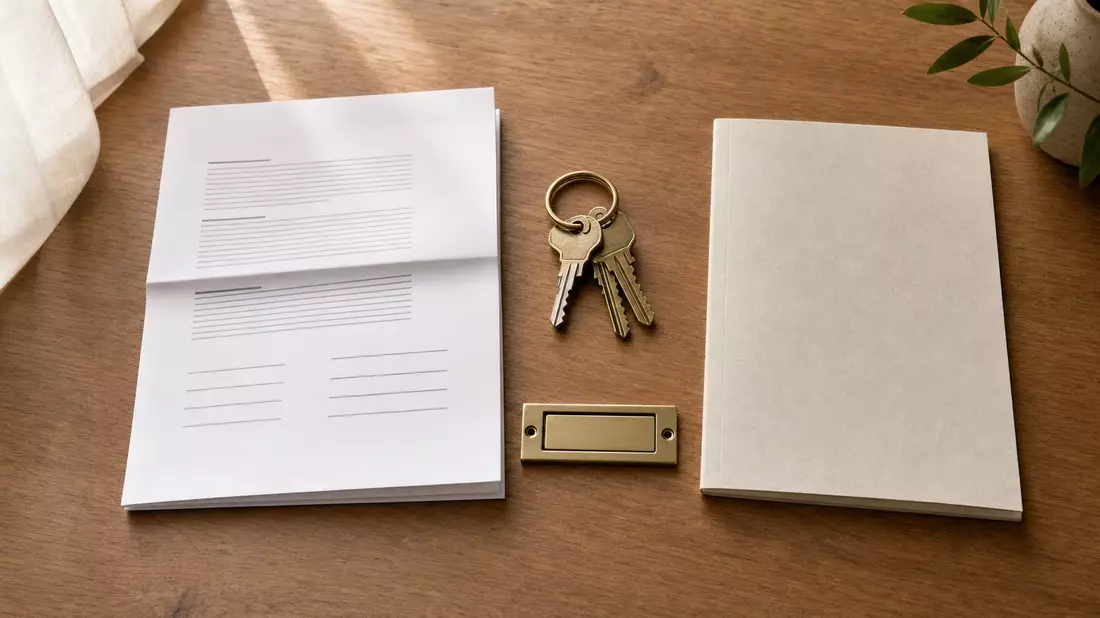 Flatlay mit Mietvertrag, Schlüsseln, Briefkastenschild und Energieausweis