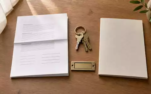 Vonovia SE DE000A1ML7J1 – Mietvertrag, Schlüsselbund, leeres Briefkastenschild und Energieausweis auf Holztisch - Foto: THN
