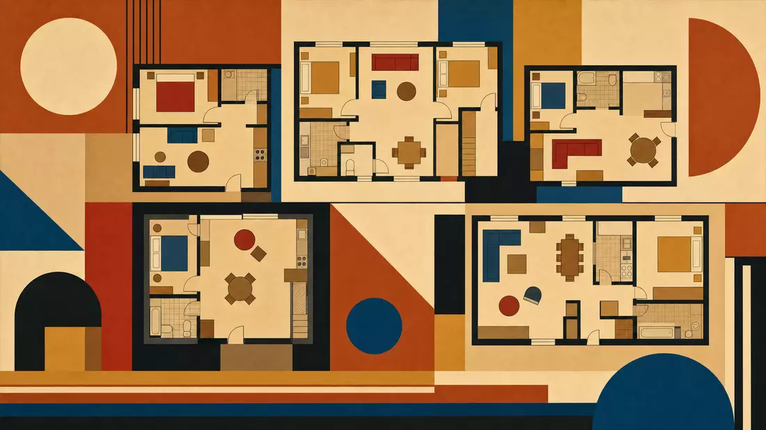 Bauhaus-Poster: Wohnungsgrundrisse in Siena, Ocker und Blau auf Cremehintergrund.