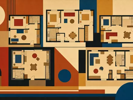 Vonovia SE DE000A1ML7J1 – Bauhaus-Poster mit stilisierten Grundrissen in Erdfarben und konstruktivistischer Geometrie - Foto: THN