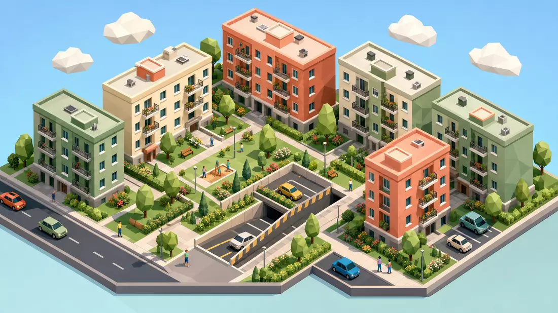 Isometrische Low-Poly-Siedlung mit Innenhöfen, Bäumen und Tiefgarageneinfahrt