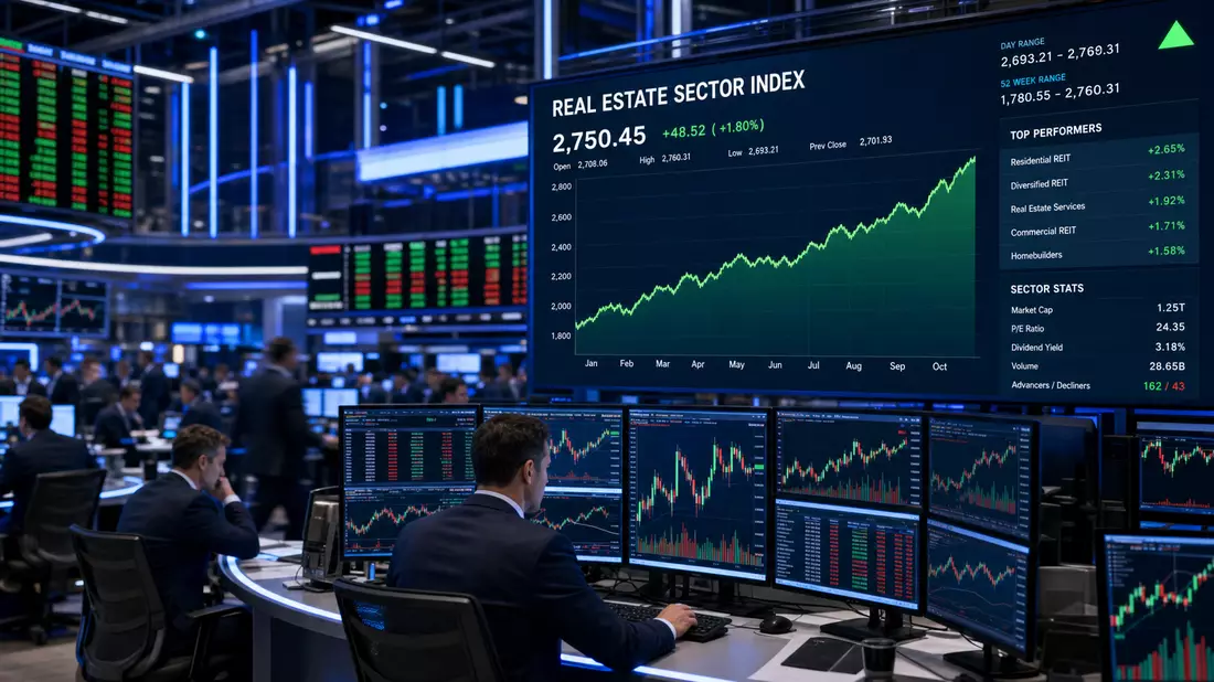Börsenhändler vor Immobilien-Index-Anzeige mit Charts auf einem Trading-Floor