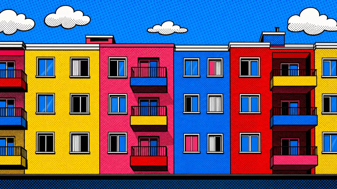 Pop-Art-Wohnhaus im Halftone-Raster mit leuchtendem Gelb, Pink und Blau