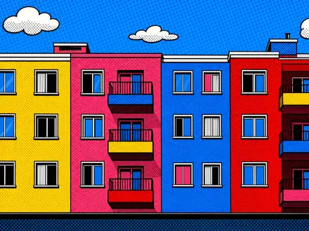 Vonovia SE DE000A1ML7J1 – stilisiertes Wohnhaus im Pop-Art-Halftone-Raster mit leuchtenden Primärfarben und Comic-Ästhetik - Foto: THN