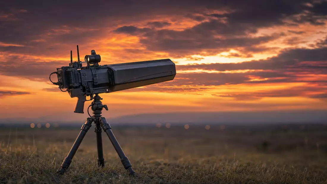 Counter-Drone-Antennensystem auf Stativ vor Abendhimmel, fotorealistisch
