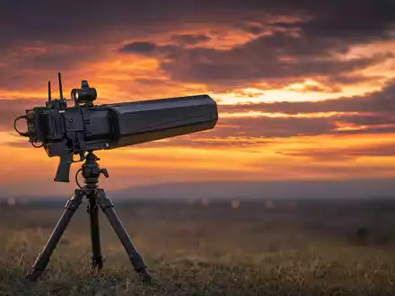 DroneShield Ltd (AU000000DRO1) zeigt ein generisches Counter-Drone-Antennensystem auf Stativ vor dramatischem Abendhimmel - Foto: THN