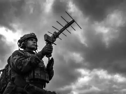 DroneShield Ltd (AU000000DRO1) dokumentiert einen Soldaten, der ein Antennen-Abwehrgerät zum Himmel richtet - Foto: THN