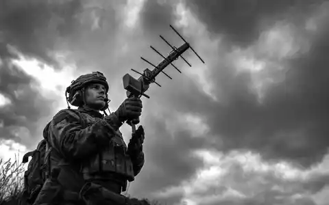 DroneShield Ltd (AU000000DRO1) dokumentiert einen Soldaten, der ein Antennen-Abwehrgerät zum Himmel richtet - Foto: THN