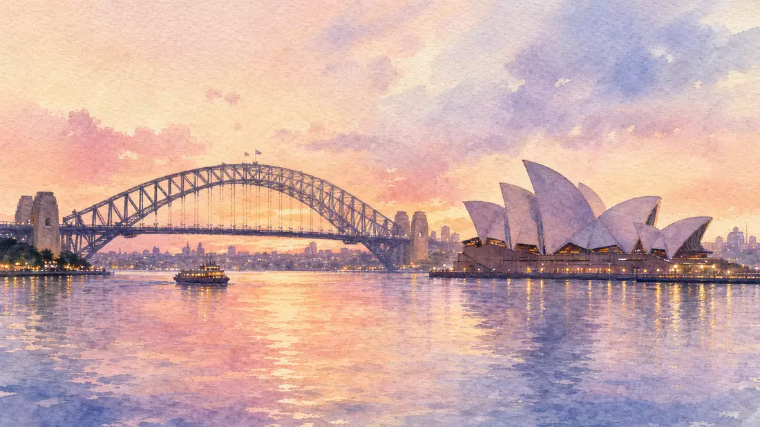 Sydney Harbour mit Opera House und Harbour Bridge Silhouette, zartes Aquarell in Pastell