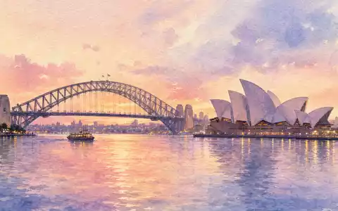 DroneShield Ltd (AU000000DRO1) zeigt Sydney Harbour in weichem Aquarell mit Opera House Silhouette und Pastelltönen - Foto: THN