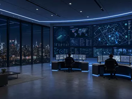 DroneShield Ltd (AU000000DRO1) betreibt ein modernes Sicherheits-Kontrollzentrum mit Glasfassade, Radarmonitoren und Nachtpanorama - Foto: THN