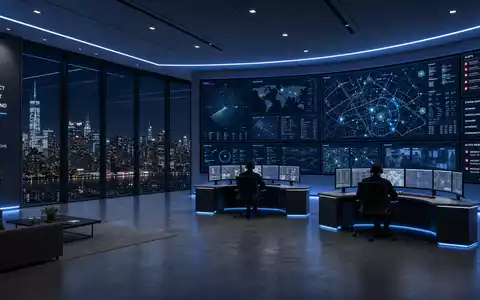 DroneShield Ltd (AU000000DRO1) betreibt ein modernes Sicherheits-Kontrollzentrum mit Glasfassade, Radarmonitoren und Nachtpanorama - Foto: THN