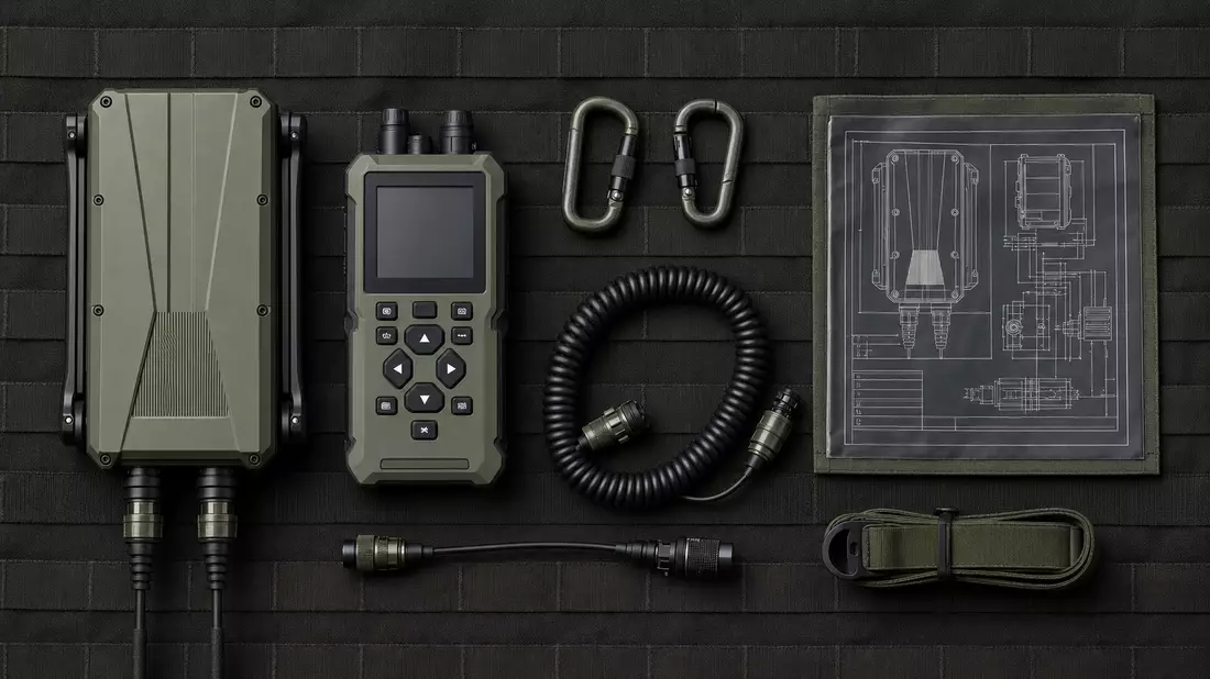 Taktisches Flatlay mit Antennenmodul, Steuergerät, Karabinern und Schaltplan auf MOLLE-Plane