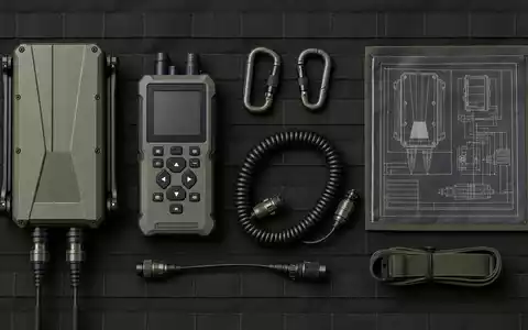 DroneShield Ltd (AU000000DRO1) arrangiert taktische Ausrüstung im Flatlay: Antennenmodul, Steuergerät, Karabiner und Schaltplan - Foto: THN