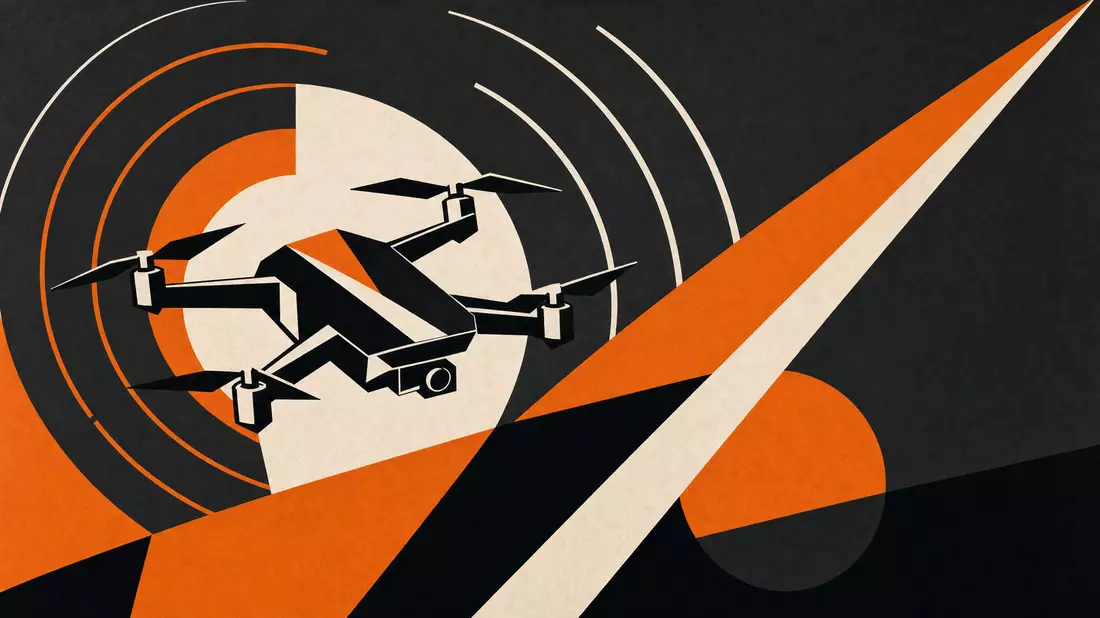 Bauhaus-Konstruktivismus-Poster mit geometrischer Drohne und Radarwellen in Schwarz und Orange